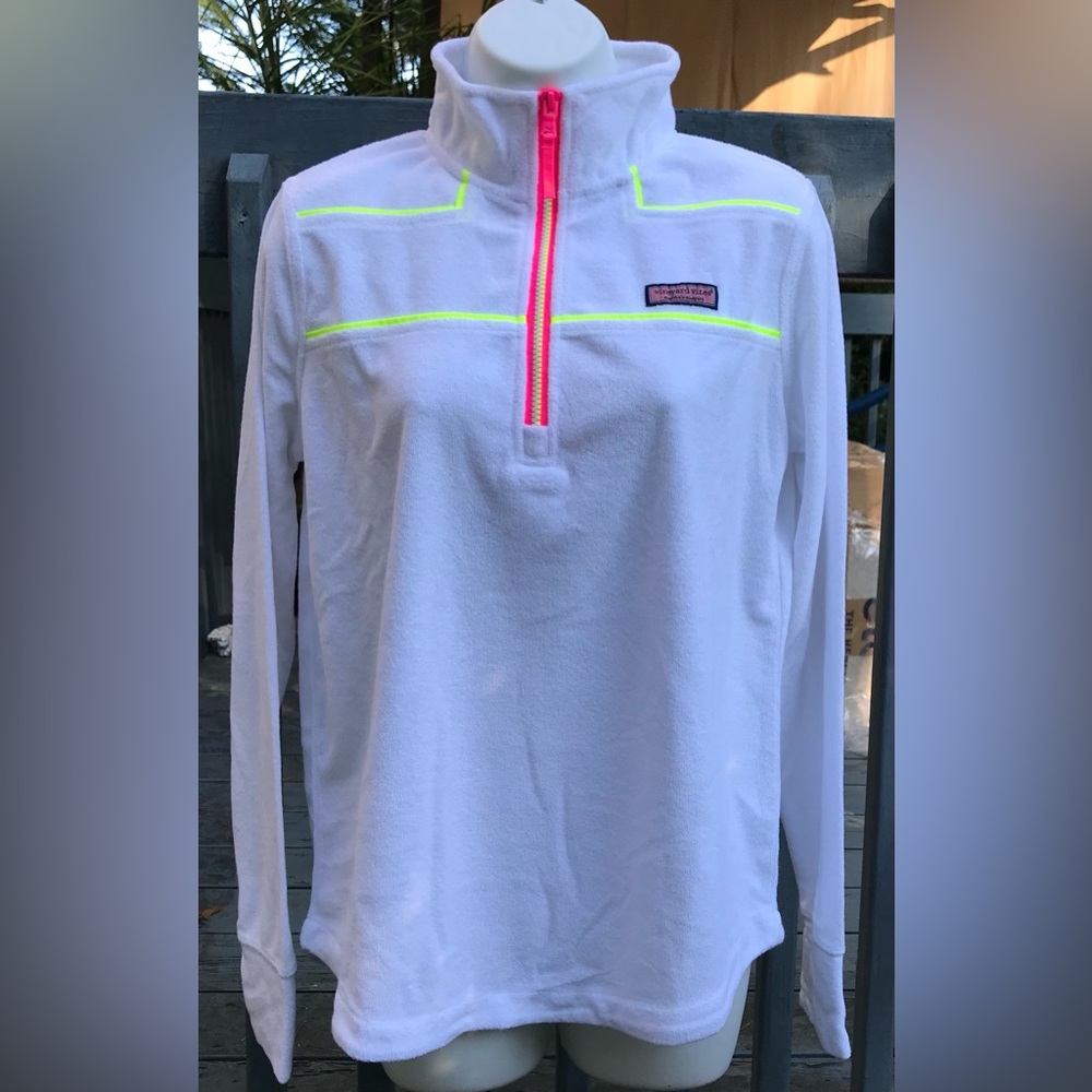 NEW Vineyard Vines Pop Terry Towel Shep Shirt Neon pink yellow, White Cap, Small